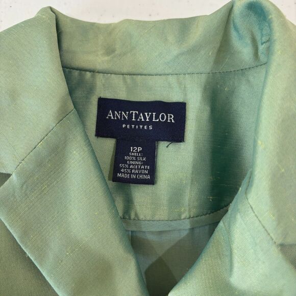 VTG Ann Taylor Iridescent Green Silk Sateen Pants Suit Womens 12P Church Easter - Picture 4 of 16